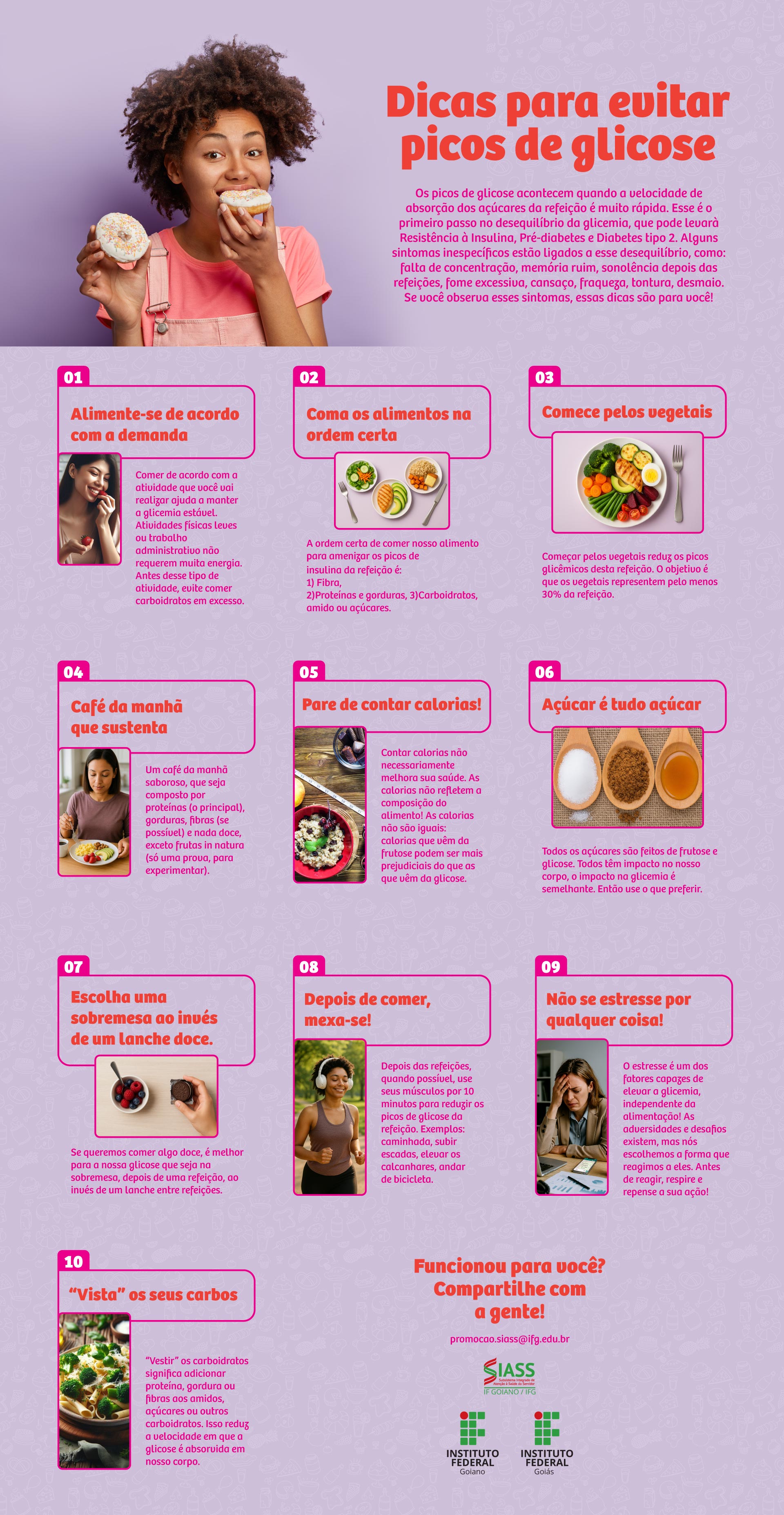 Cartaz com dicas para evitar picos de glicose